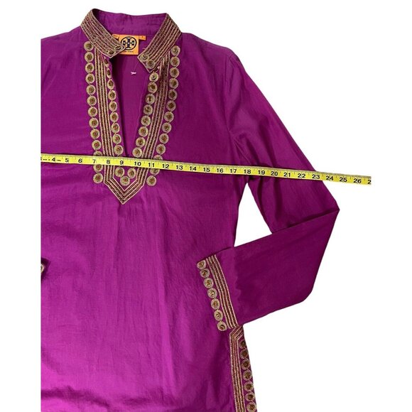 Tory Burch Women Top Tunic Blouse Size 6 Magenta Gold Embroidery Long Sleeves - Picture 11 of 16